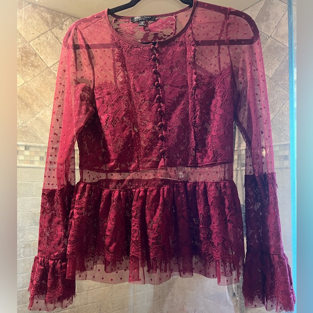 Long sleeved cranberry colored lace top